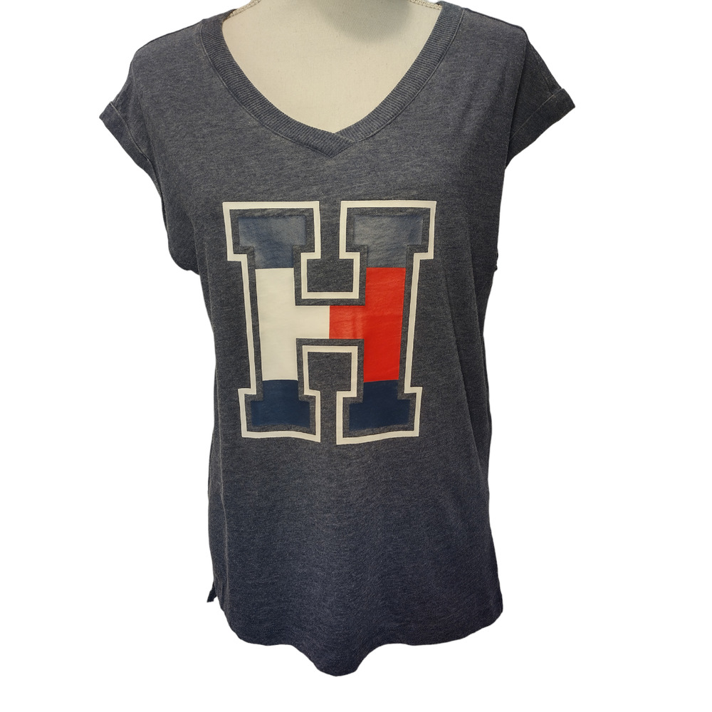 Tommy Hilfiger Sports Womens Graphic Muscle Tee V-Neck Pullover Heather Gray XS